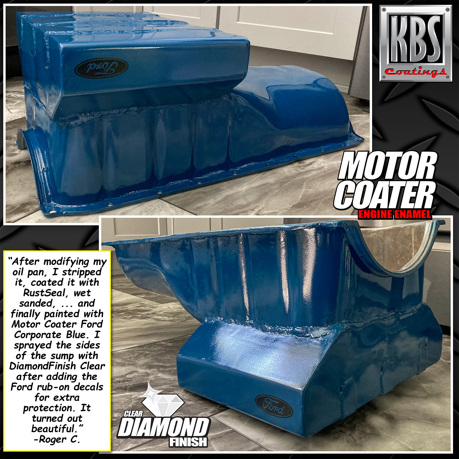 Oil pan restored and painted in Ford Corporate Blue using KBS Motor Coater and DiamondFinish Clear